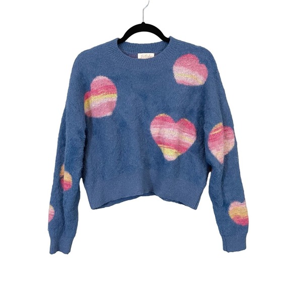 Listiele Women's Blue Pink Heart Love Crew Neck Pullover Cropped Sweater Medium - Picture 1 of 8